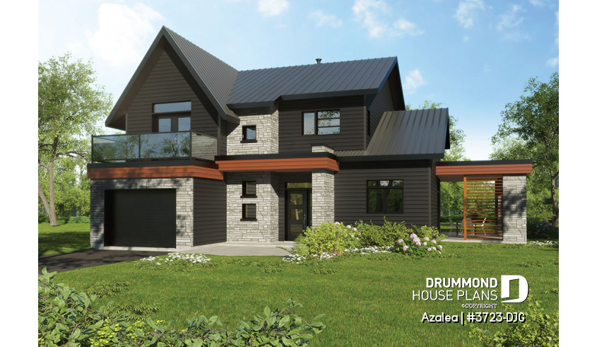 Color version 1 - Front - 3 to 4 bedroom Modern Scandinavian house, master w/ private balcony, covered deck, den on main floor - Azalea