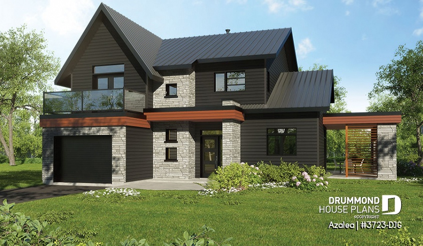 Color version 1 - Front - 3 to 4 bedroom Modern Scandinavian house, master w/ private balcony, covered deck, den on main floor - Azalea