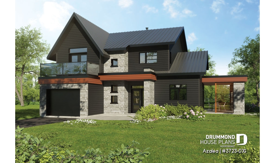 Color version 1 - Front - 3 to 4 bedroom Modern Scandinavian house, master w/ private balcony, covered deck, den on main floor - Azalea