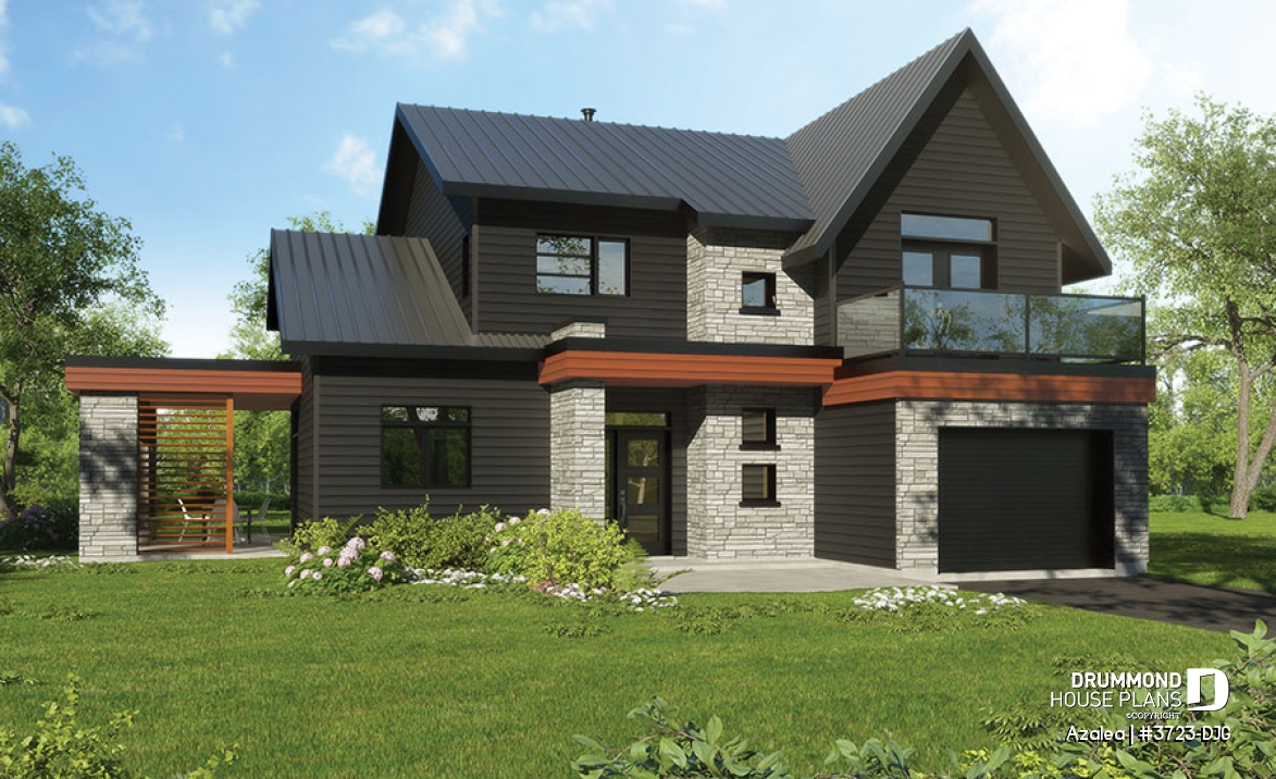 Color version 1 - Front - 3 to 4 bedroom Modern Scandinavian house, master w/ private balcony, covered deck, den on main floor - Azalea