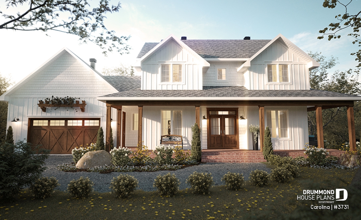 front - BASE MODEL - 2-storey Farmhouse home design with a 2-car garage, 4 to 6 bedrooms, fully finished walkout basement - Carolina