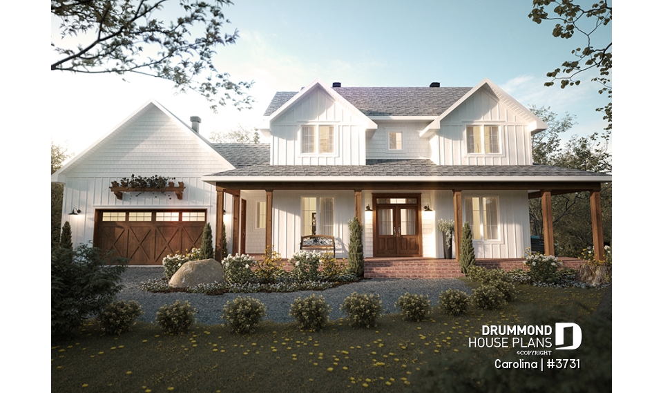 front - BASE MODEL - 2-storey Farmhouse home design with a 2-car garage, 4 to 6 bedrooms, fully finished walkout basement - Carolina