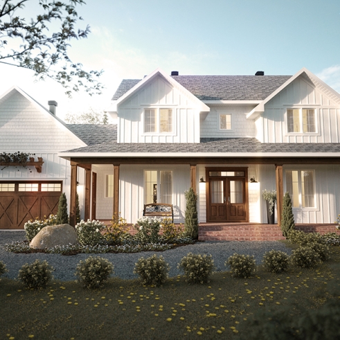 front - BASE MODEL - 2-storey Farmhouse home design with a 2-car garage, 4 to 6 bedrooms, fully finished walkout basement - Carolina