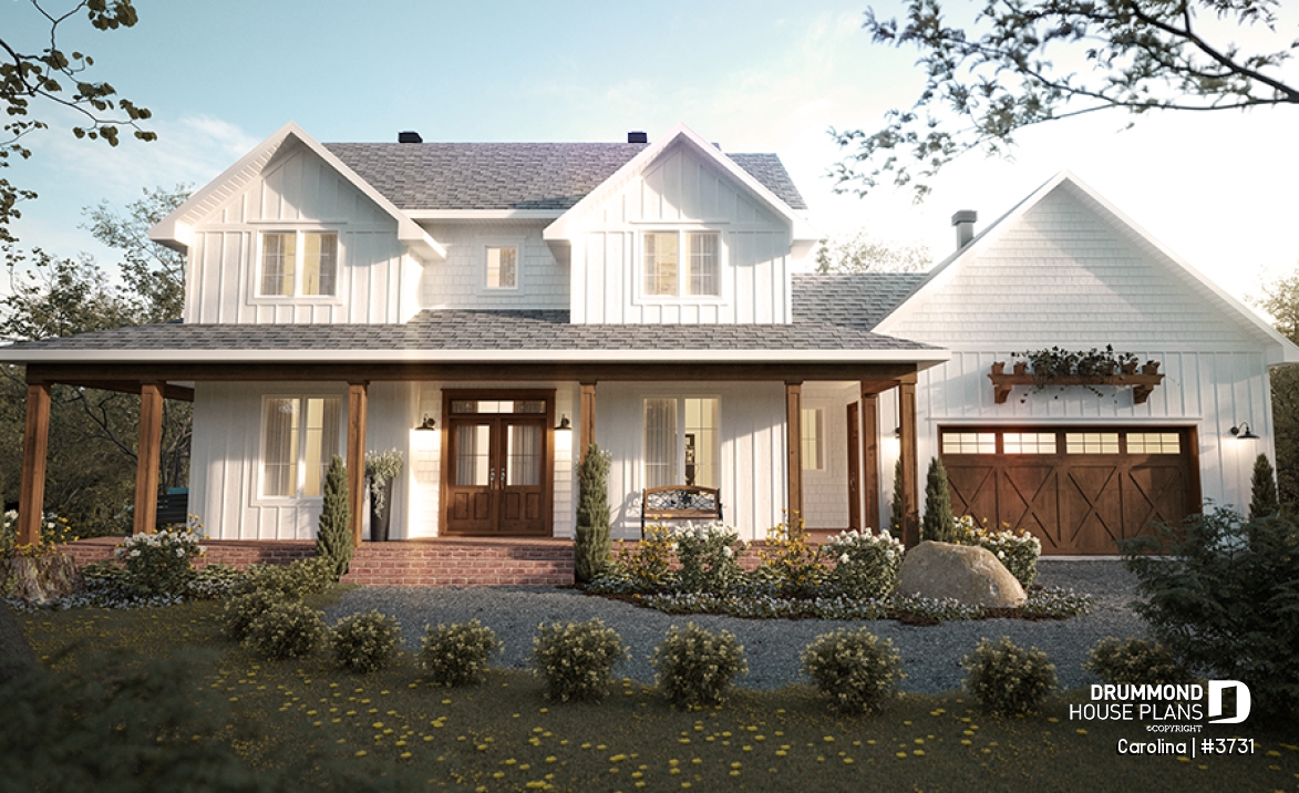front - BASE MODEL - 2-storey Farmhouse home design with a 2-car garage, 4 to 6 bedrooms, fully finished walkout basement - Carolina