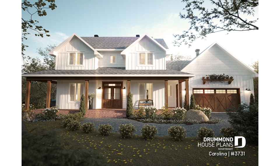 front - BASE MODEL - 2-storey Farmhouse home design with a 2-car garage, 4 to 6 bedrooms, fully finished walkout basement - Carolina