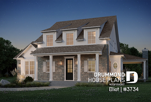 front - BASE MODEL - Two-Story House Plan with 3 Bedrooms, Breakfast Nook, Upstairs Family Room, and Large Covered Terrace - Elliot