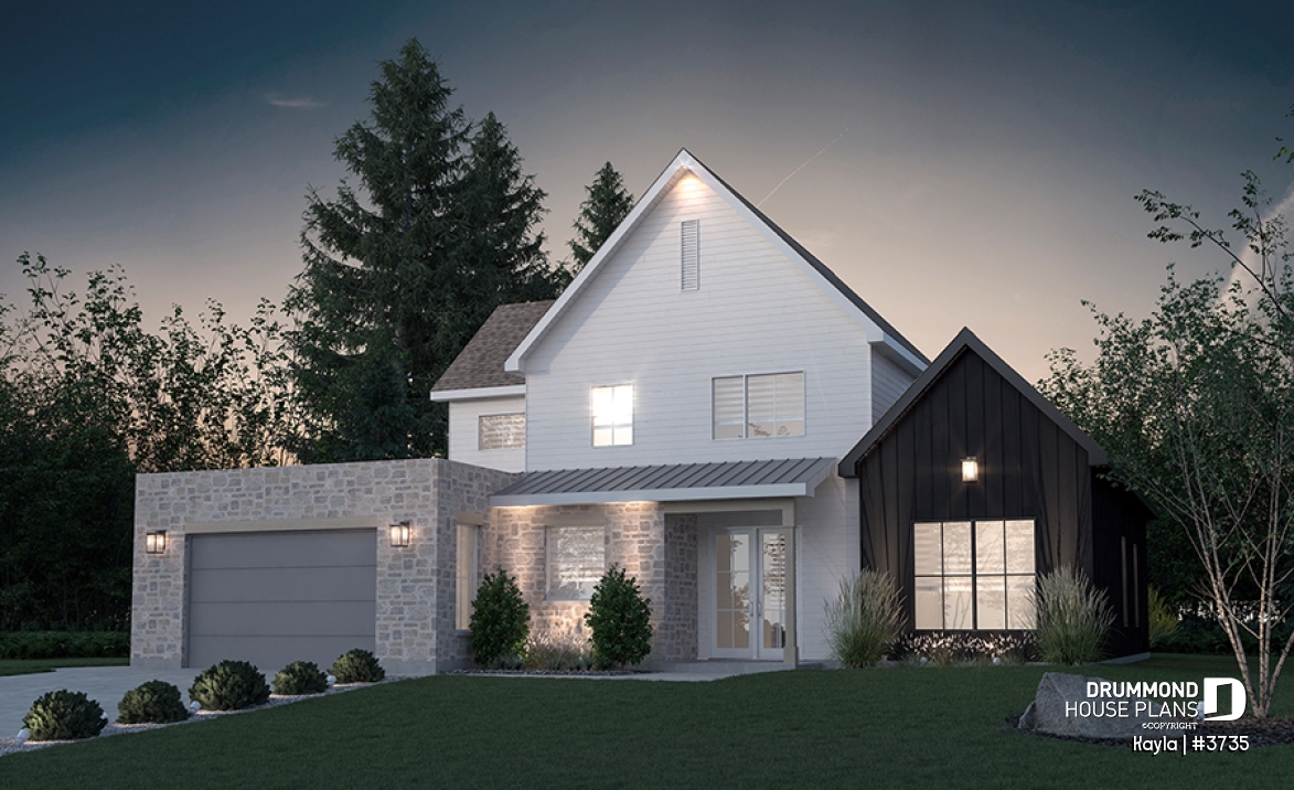 front - BASE MODEL - Classic style home plan with master suite on main floor, total 3 beds + home office - Kayla