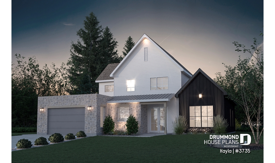 front - BASE MODEL - Classic style home plan with master suite on main floor, total 3 beds + home office - Kayla