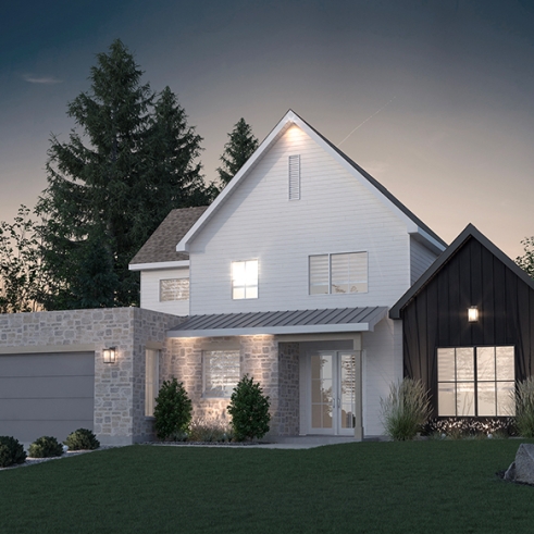 front - BASE MODEL - Classic style home plan with master suite on main floor, total 3 beds + home office - Kayla