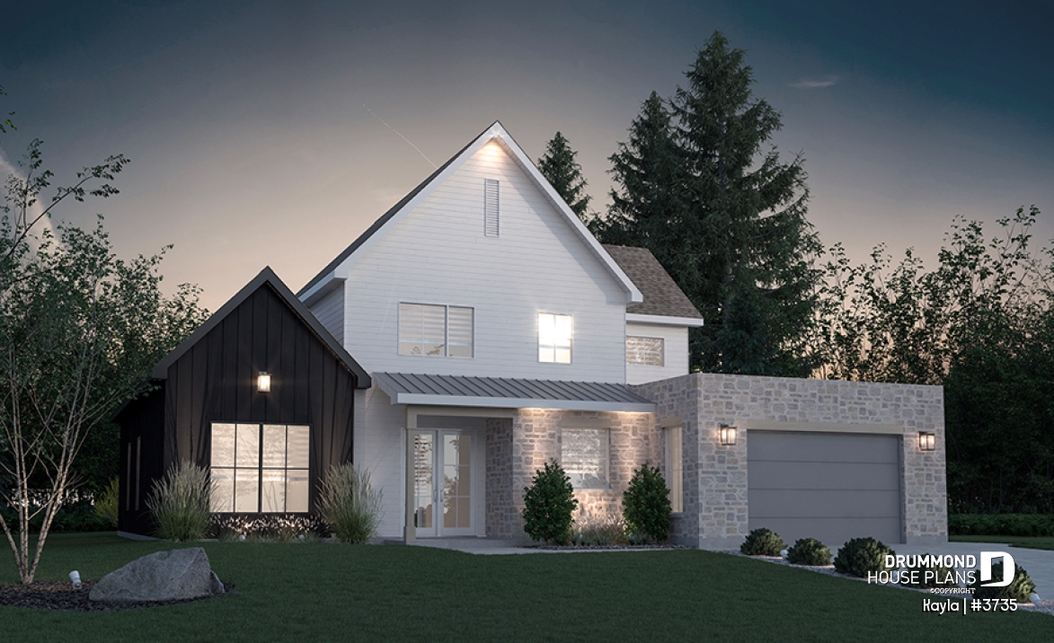 front - BASE MODEL - Classic style home plan with master suite on main floor, total 3 beds + home office - Kayla