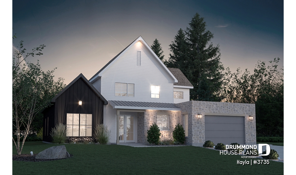 front - BASE MODEL - Classic style home plan with master suite on main floor, total 3 beds + home office - Kayla