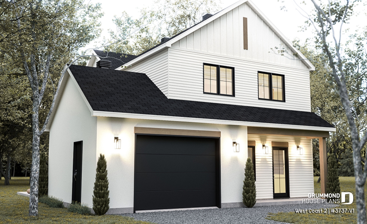front - BASE MODEL - House plan with 3 bedrooms and bathroom upstairs, superb kitchen island, office area, cloakroom - West Coast 2