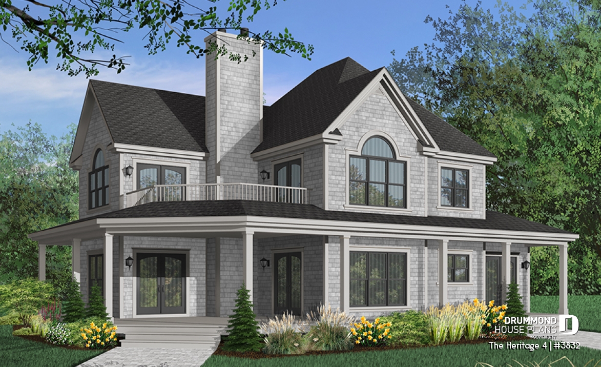 Color version 1 - Front - Beautiful Country Home Plan with 2 Master Suites, Wraparound Terrace, 2 Fireplaces - The Heritage 4