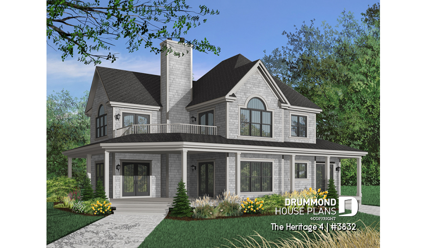 Color version 1 - Front of house plan 3832 Color version 1 - Front - Beautiful Country Home Plan with 2 Master Suites, Wraparound Terrace, 2 Fireplaces - The Heritage 4