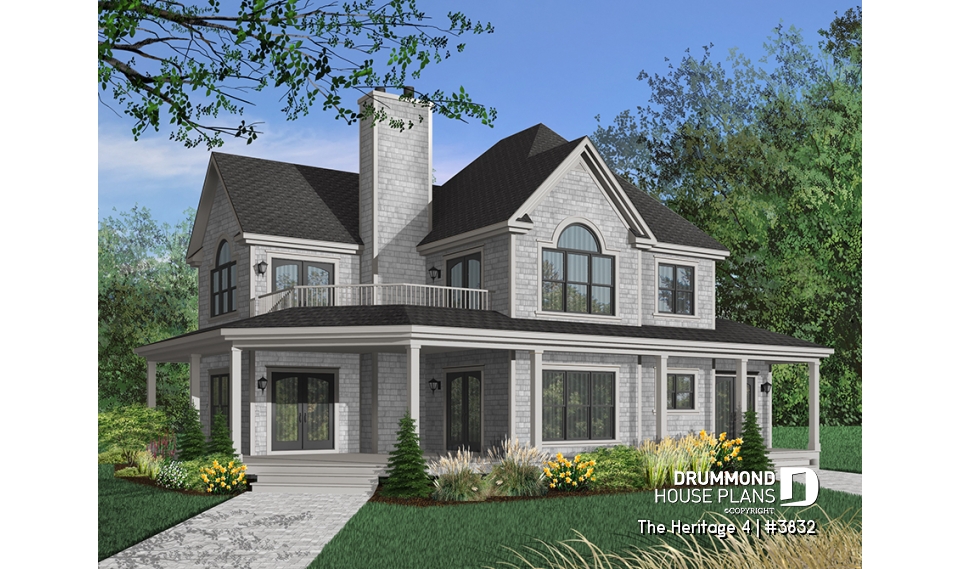 Color version 1 - Front - Beautiful Country Home Plan with 2 Master Suites, Wraparound Terrace, 2 Fireplaces - The Heritage 4