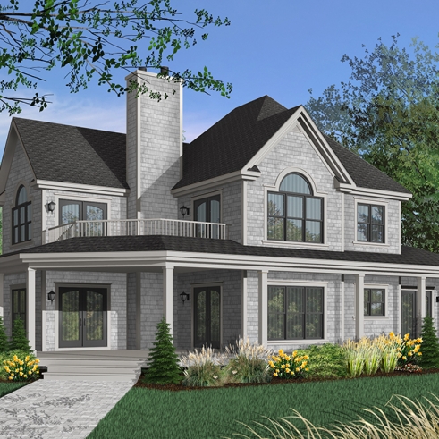 Color version 1 - Front - Beautiful Country Home Plan with 2 Master Suites, Wraparound Terrace, 2 Fireplaces - The Heritage 4