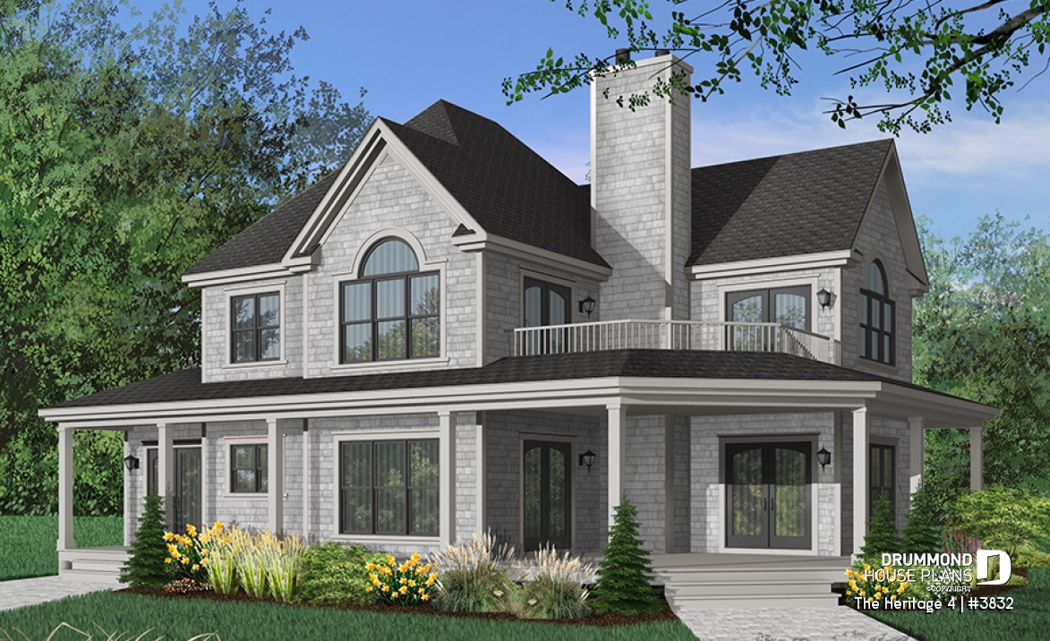 Color version 1 - Front - Beautiful Country Home Plan with 2 Master Suites, Wraparound Terrace, 2 Fireplaces - The Heritage 4
