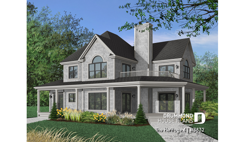 Color version 1 - Front of house plan 3832 Color version 1 - Front - Beautiful Country Home Plan with 2 Master Suites, Wraparound Terrace, 2 Fireplaces - The Heritage 4