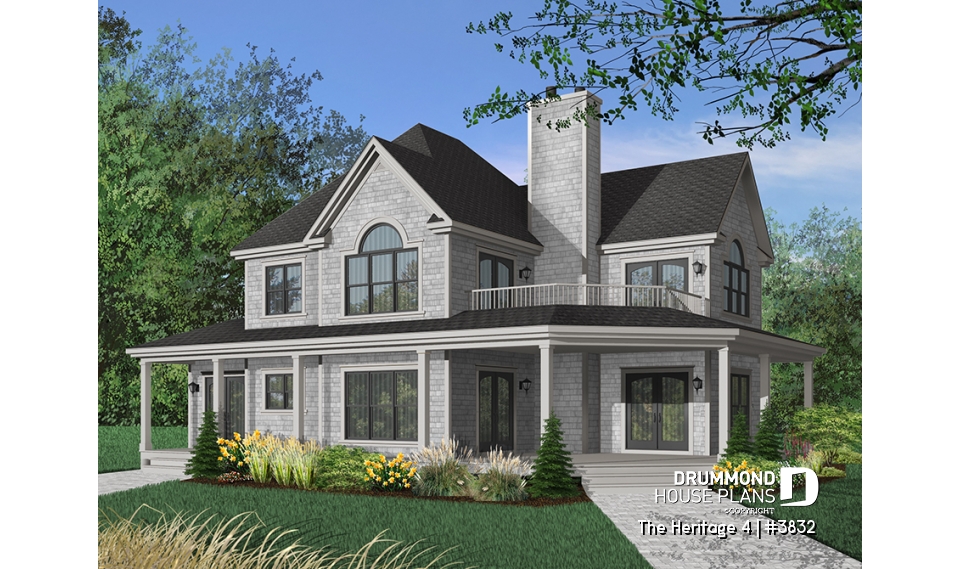 Color version 1 - Front - Beautiful Country Home Plan with 2 Master Suites, Wraparound Terrace, 2 Fireplaces - The Heritage 4