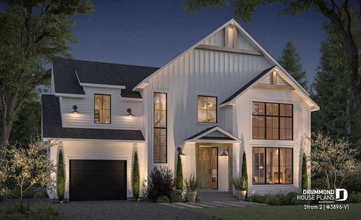 front - BASE MODEL - Farmhouse home plan with a versatile layout offering 3 to 6 bedrooms, optional finished basement and a covered - Strom 2