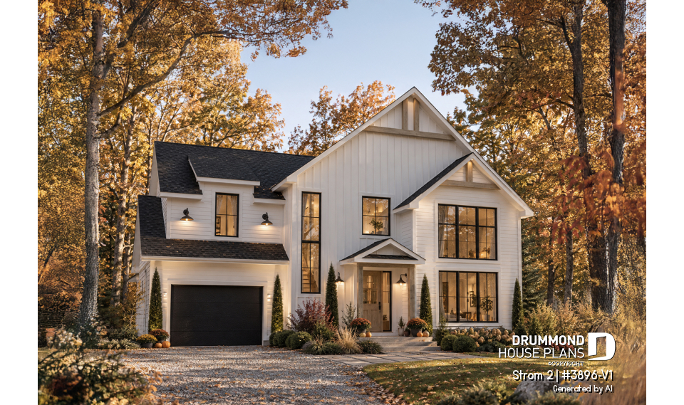 front - BASE MODEL - Farmhouse home plan with a versatile layout offering 3 to 6 bedrooms, optional finished basement and a covered - Strom 2