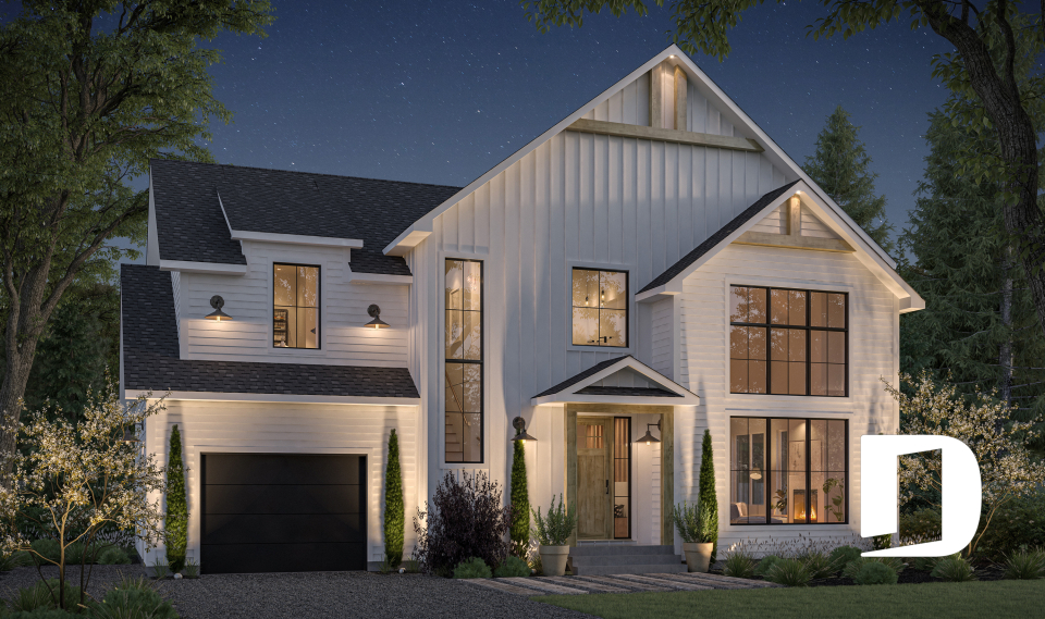 front - BASE MODEL - Farmhouse home plan with a versatile layout offering 3 to 6 bedrooms, optional finished basement and a covered - Strom 2