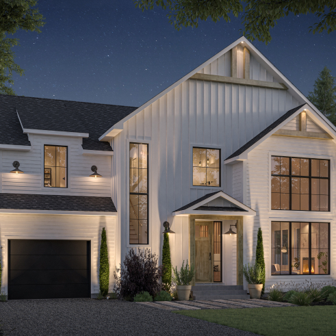 front - BASE MODEL - Farmhouse home plan with a versatile layout offering 3 to 6 bedrooms, optional finished basement and a covered - Strom 2