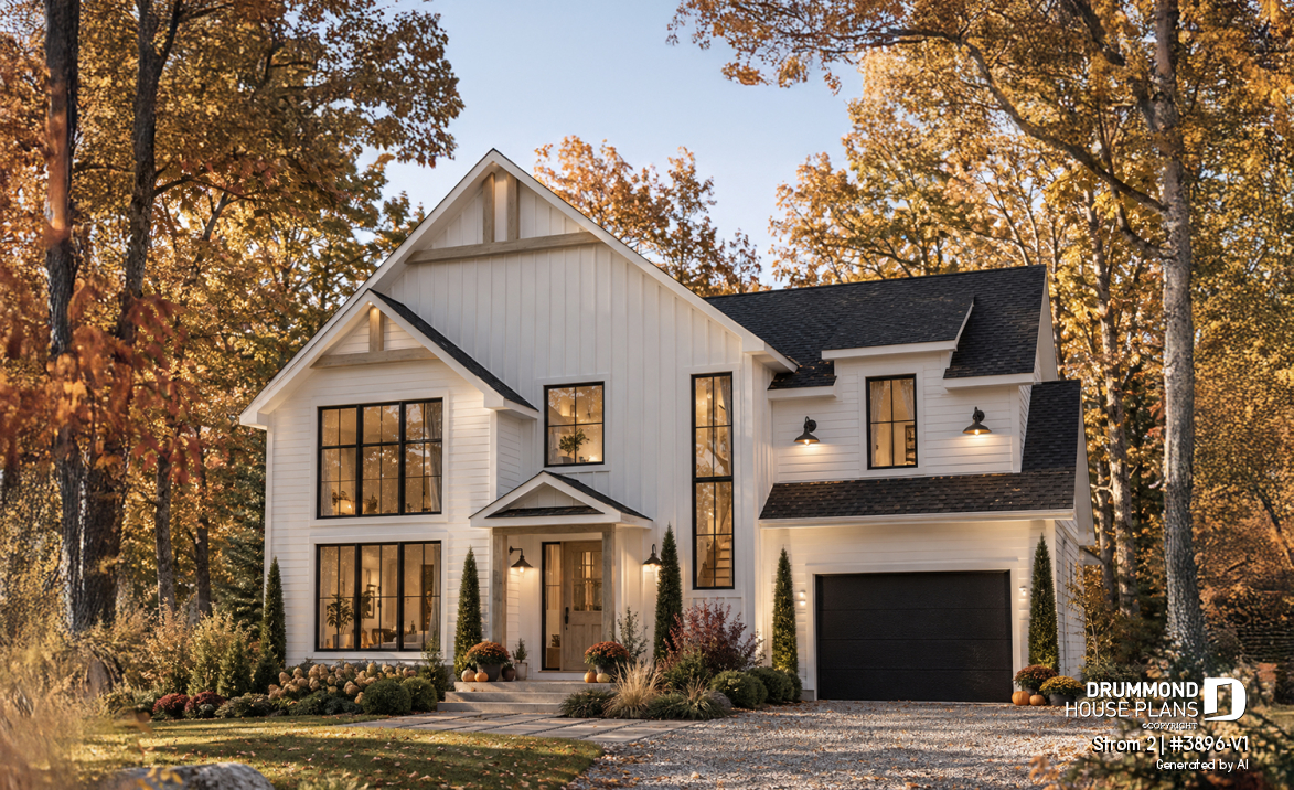 front - BASE MODEL - Farmhouse home plan with a versatile layout offering 3 to 6 bedrooms, optional finished basement and a covered - Strom 2