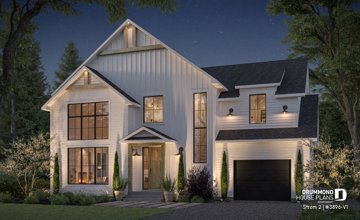 front - BASE MODEL - Farmhouse home plan with a versatile layout offering 3 to 6 bedrooms, optional finished basement and a covered - Strom 2