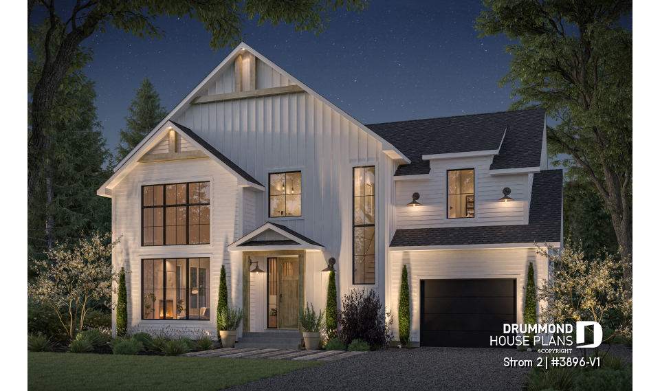 front - BASE MODEL - Farmhouse home plan with a versatile layout offering 3 to 6 bedrooms, optional finished basement and a covered - Strom 2