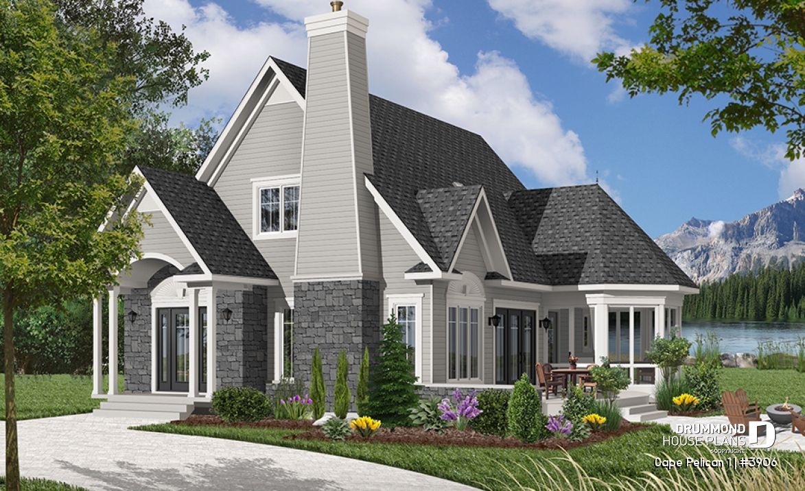Color version 1 - Front - 4-season cottage style houseplan, 3 bedrooms, 2 bathrooms, fireplace - Cape Pelican 1