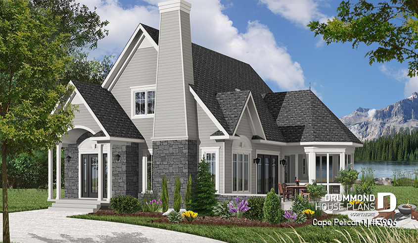 Color version 1 - Front - 4-season cottage style houseplan, 3 bedrooms, 2 bathrooms, fireplace - Cape Pelican 1