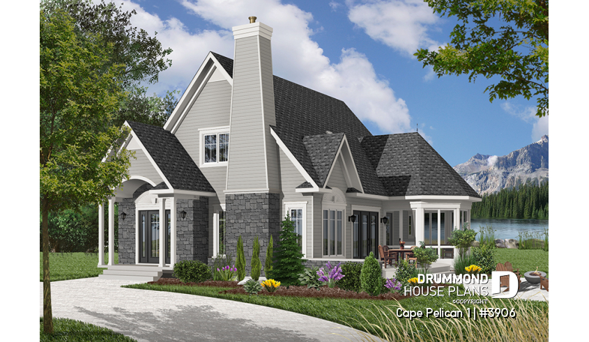 Color version 1 - Front of house plan 3906 Color version 1 - Front - 4-season cottage style houseplan, 3 bedrooms, 2 bathrooms, fireplace - Cape Pelican 1