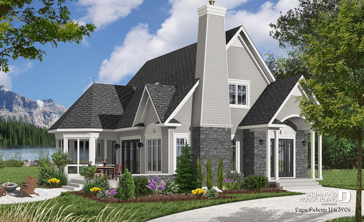 Color version 1 - Front - 4-season cottage style houseplan, 3 bedrooms, 2 bathrooms, fireplace - Cape Pelican 1