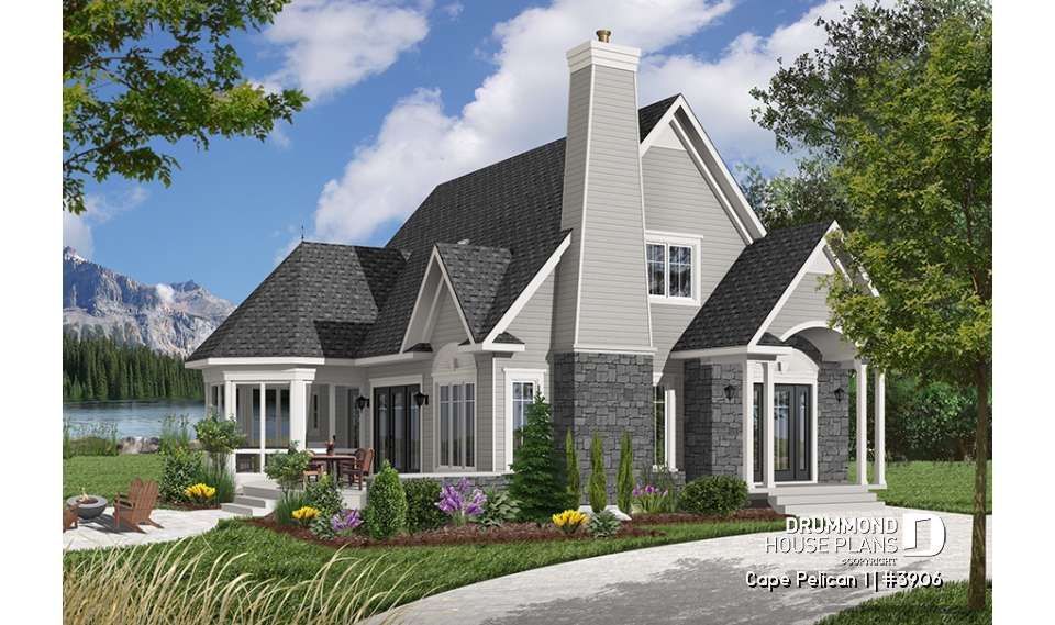Color version 1 - Front - 4-season cottage style houseplan, 3 bedrooms, 2 bathrooms, fireplace - Cape Pelican 1