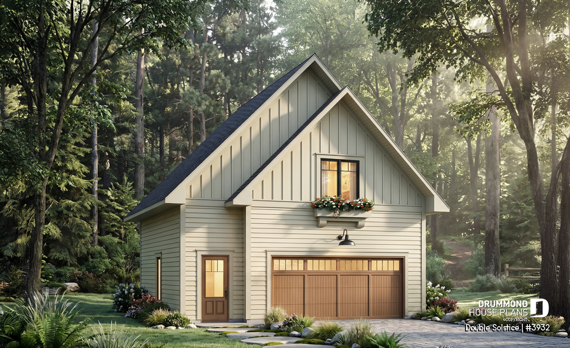 front - BASE MODEL - Double garage plan with a one-bedroom apartment featuring a kitchen, living room and full bathroom upstairs - Double Solstice