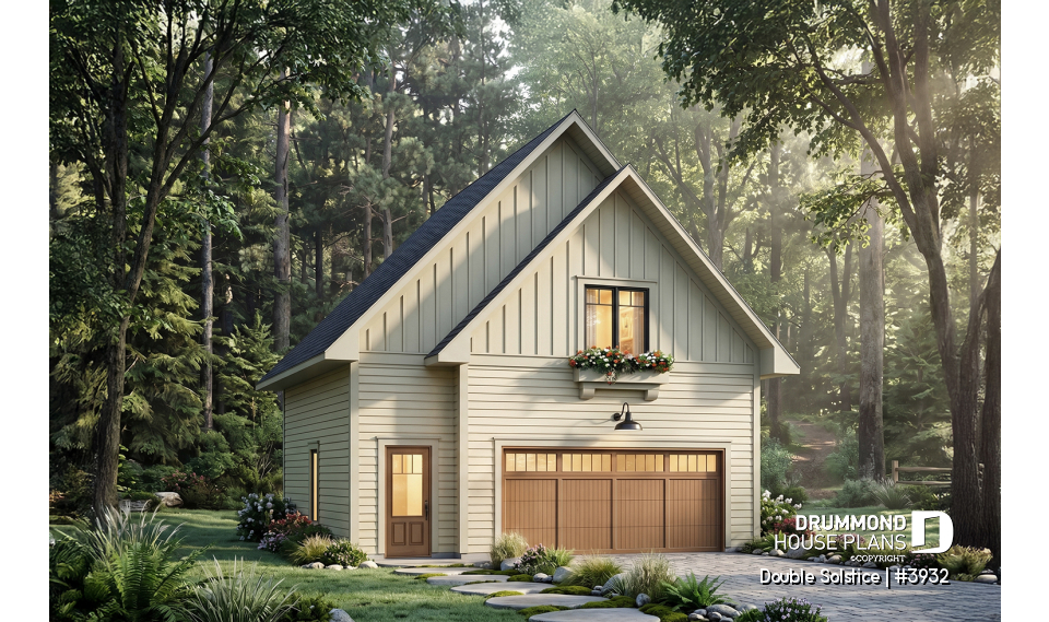 front - BASE MODEL - Double garage plan with a one-bedroom apartment featuring a kitchen, living room and full bathroom upstairs - Double Solstice