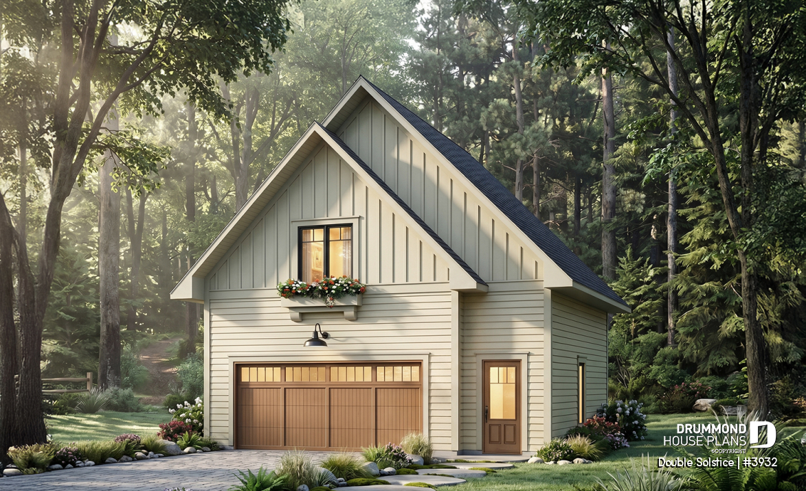 front - BASE MODEL - Double garage plan with a one-bedroom apartment featuring a kitchen, living room and full bathroom upstairs - Double Solstice