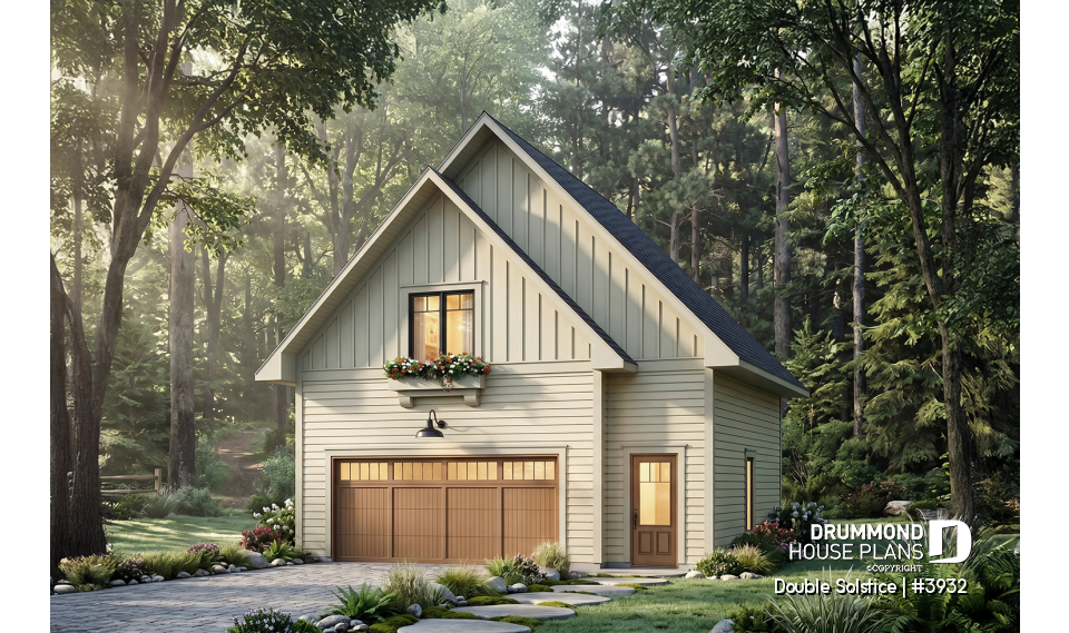 front - BASE MODEL - Double garage plan with a one-bedroom apartment featuring a kitchen, living room and full bathroom upstairs - Double Solstice