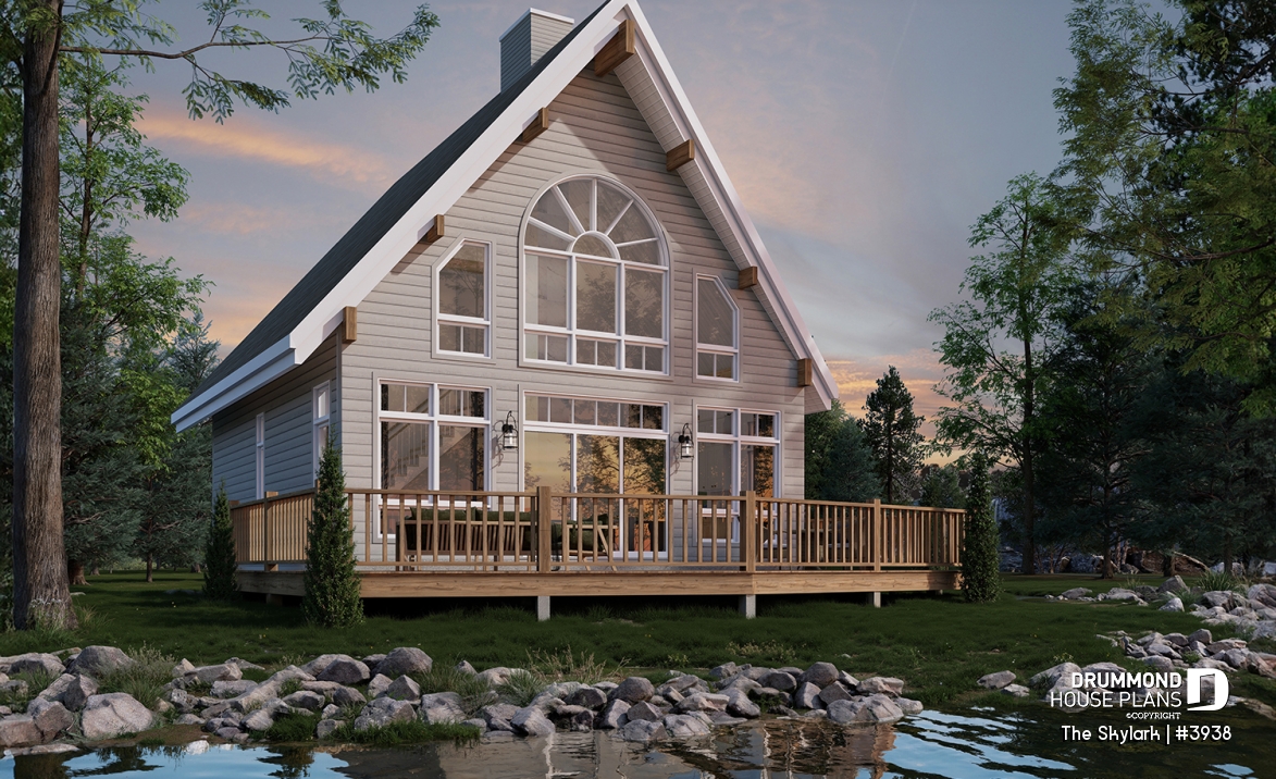 Rear view - BASE MODEL - A-Frame cabin house plan with 3 beds, 2 baths, mezzanine and open floor plan layout - The Skylark