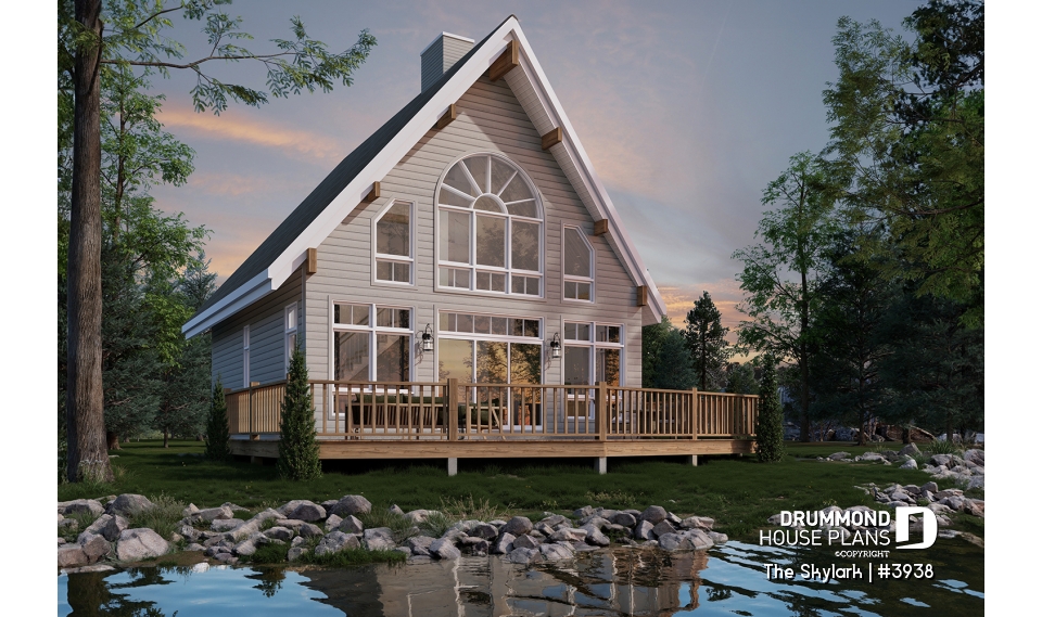 Rear view - BASE MODEL - A-Frame cabin house plan with 3 beds, 2 baths, mezzanine and open floor plan layout - The Skylark