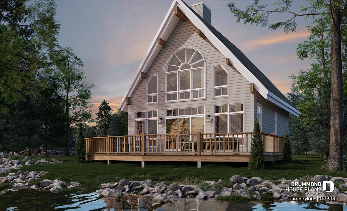 Rear view - BASE MODEL - A-Frame cabin house plan with 3 beds, 2 baths, mezzanine and open floor plan layout - The Skylark