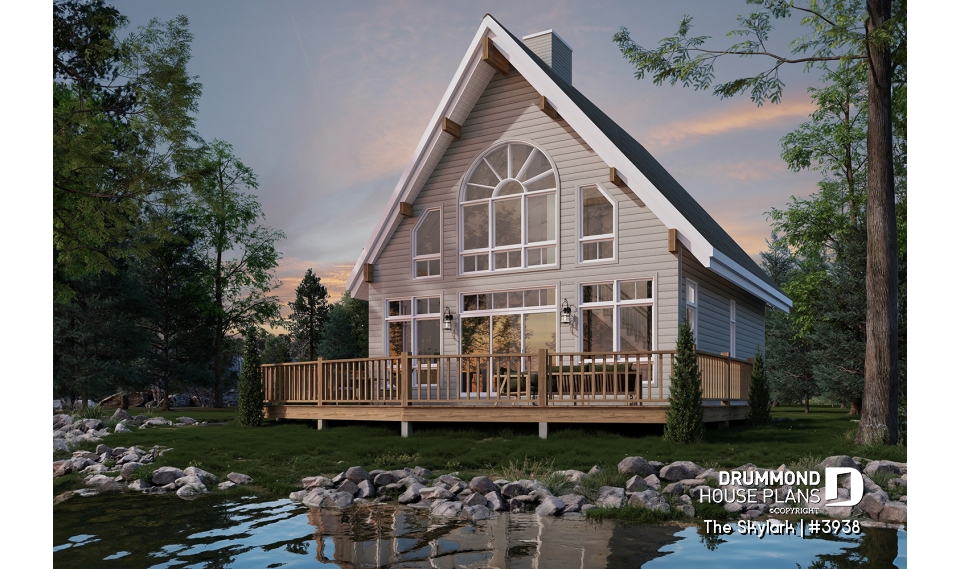 Rear view - BASE MODEL - A-Frame cabin house plan with 3 beds, 2 baths, mezzanine and open floor plan layout - The Skylark