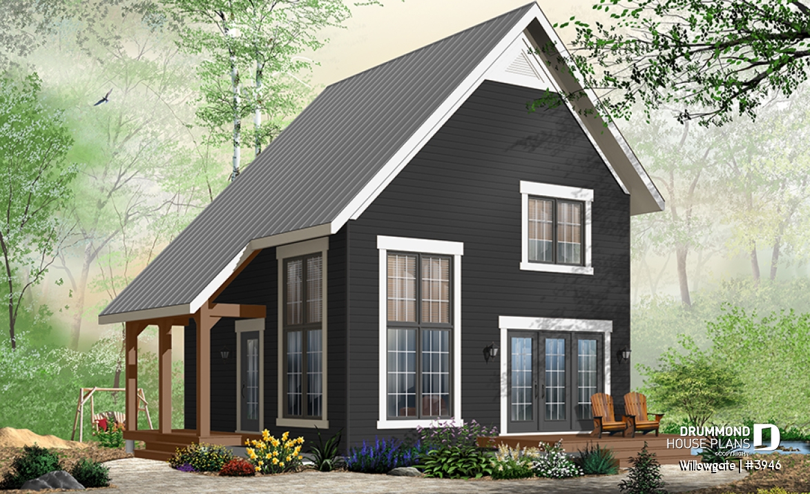 front - BASE MODEL - Small 2 bedroom modern style cabin design with mezzanine and cathedral ceiling, affordable construction - Willowgate