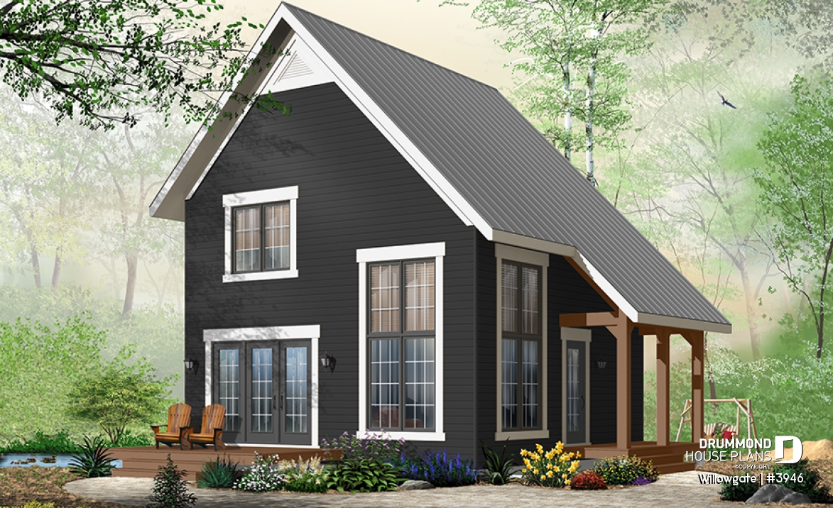 front - BASE MODEL - Small 2 bedroom modern style cabin design with mezzanine and cathedral ceiling, affordable construction - Willowgate