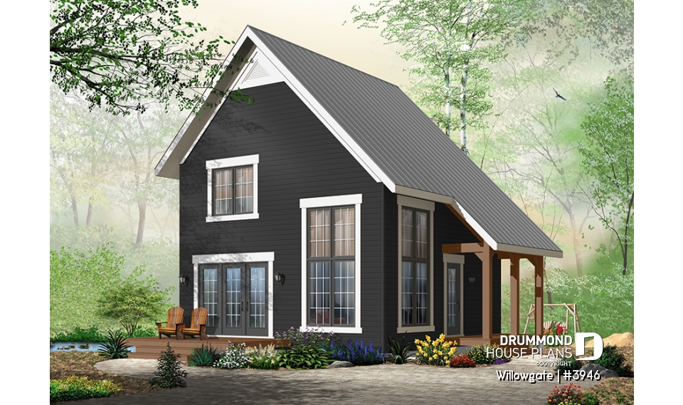 front - BASE MODEL - Small 2 bedroom modern style cabin design with mezzanine and cathedral ceiling, affordable construction - Willowgate