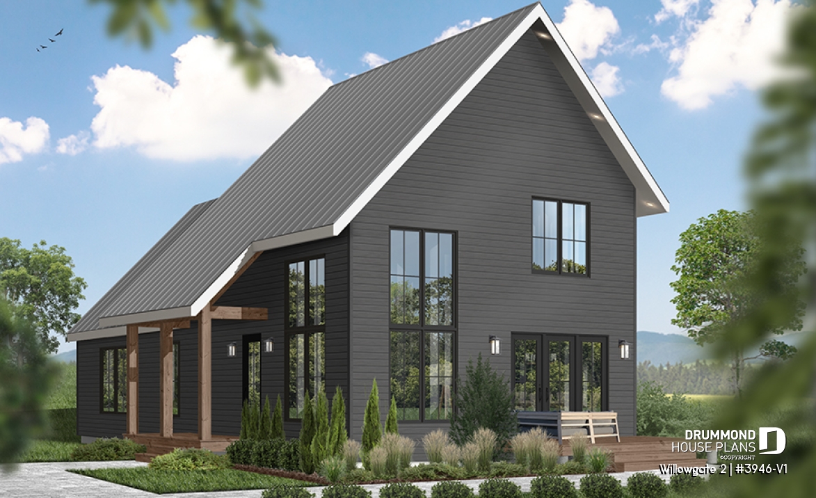 front - BASE MODEL - Modern Scandinavian Cottage Home Plan, 3 Beds, Master Suite on Main Floor, Lots of Natural Light, Mezzanine - Willowgate 2