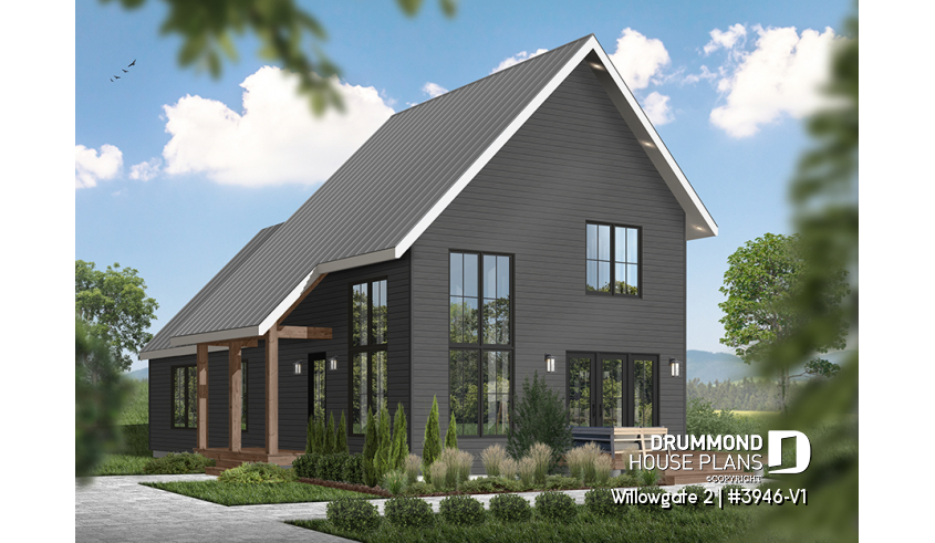 front - BASE MODEL of house plan 3946-V1 front - BASE MODEL - Modern Scandinavian Cottage Home Plan, 3 Beds, Master Suite on Main Floor, Lots of Natural Light, Mezzanine - Willowgate 2