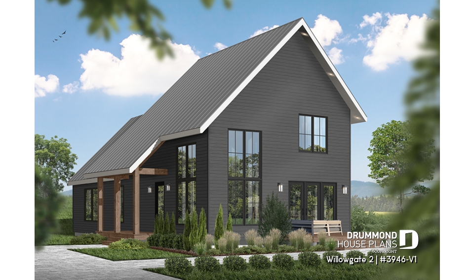 front - BASE MODEL - Modern Scandinavian Cottage Home Plan, 3 Beds, Master Suite on Main Floor, Lots of Natural Light, Mezzanine - Willowgate 2