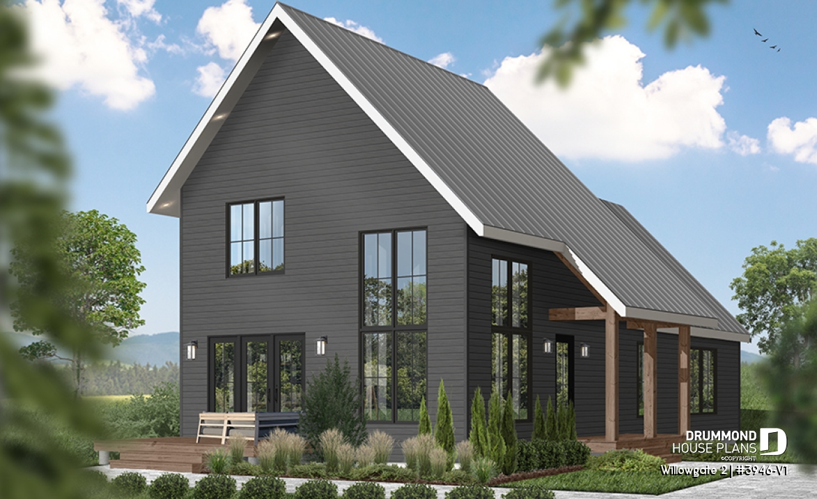 front - BASE MODEL - Modern Scandinavian Cottage Home Plan, 3 Beds, Master Suite on Main Floor, Lots of Natural Light, Mezzanine - Willowgate 2